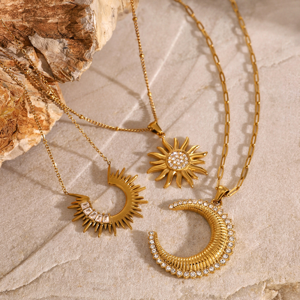 Collier Avec Pendentif En Acier Inoxydable Plaqué Or Et Strass Pour Femme, Série Simple, Style Punk Soleil/Lune h5Image2