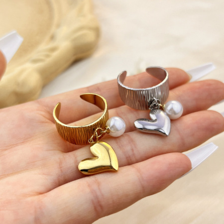 Bague ajustable pour femme, style rétro, motif cœur ondulé, en acier inoxydable étanche (1 pièce). 2
