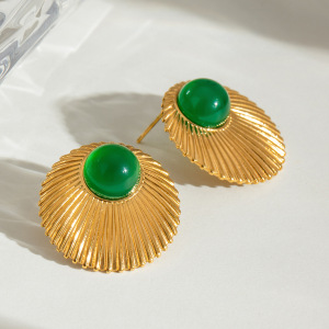1 Paire De Boucles D'Oreilles Puces Classiques Vintage Annulaires En Acier Inoxydable Doré Étanche Avec Pierre Naturelle, Collection Luxe Pour Femmes h5 Image4
