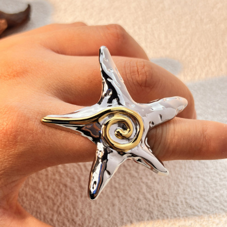 Bague ajustable pour femme, en acier inoxydable étanche, en forme d'étoile de mer, couleur assortie (1 pièce). 2