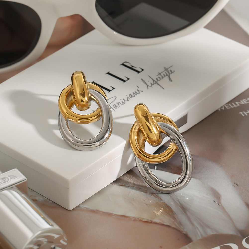 1 Paire De Boucles D'Oreilles Puces Pour Femme, Collection Exquisite Series, Style Annulaire Décontracté, En Acier Inoxydable Étanche, Coloris Or Et Argent. Image5