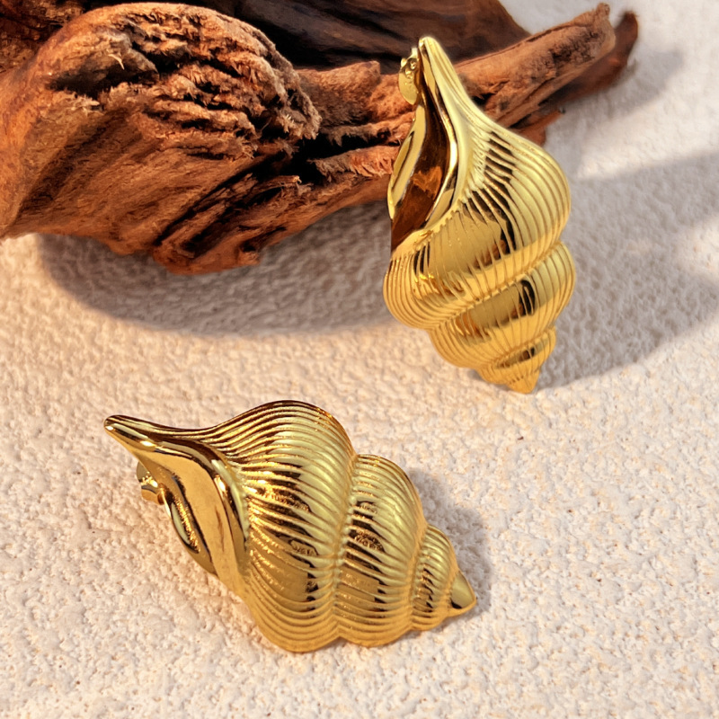 Boucles D'Oreilles Puces Pour Femme En Acier Inoxydable Doré, Imperméables, En Forme De Bulot (1 Paire). Image4
