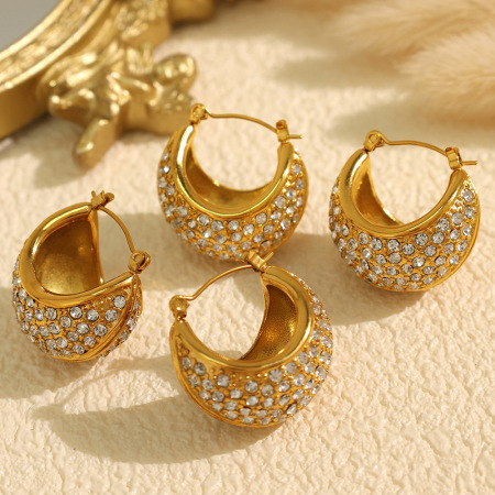 1 paire de boucles d'oreilles créoles classiques géométriques en acier inoxydable plaqué or avec strass pour femme, série luxueuse