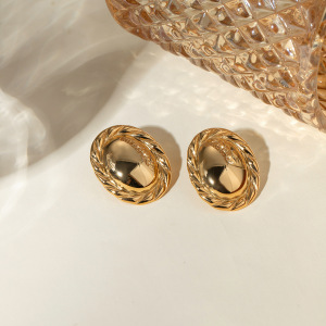 Boucles D'Oreilles Rondes En Acier Inoxydable Or  Avec Bord En Corde De Chanvre Lisse Au Milieu, Bijoux Antiallergiques  h5 Image4