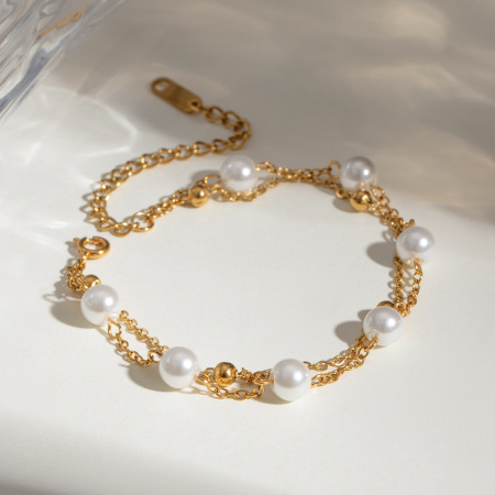 Bracelet de perles classique de luxe pour femme, en acier inoxydable, étanche, couleur or (1 pièce).