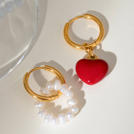 1 paire de boucles d'oreilles pendantes en acier inoxydable plaqué or  avec perles artificielles pour femme, série romantique, cœur doux 2