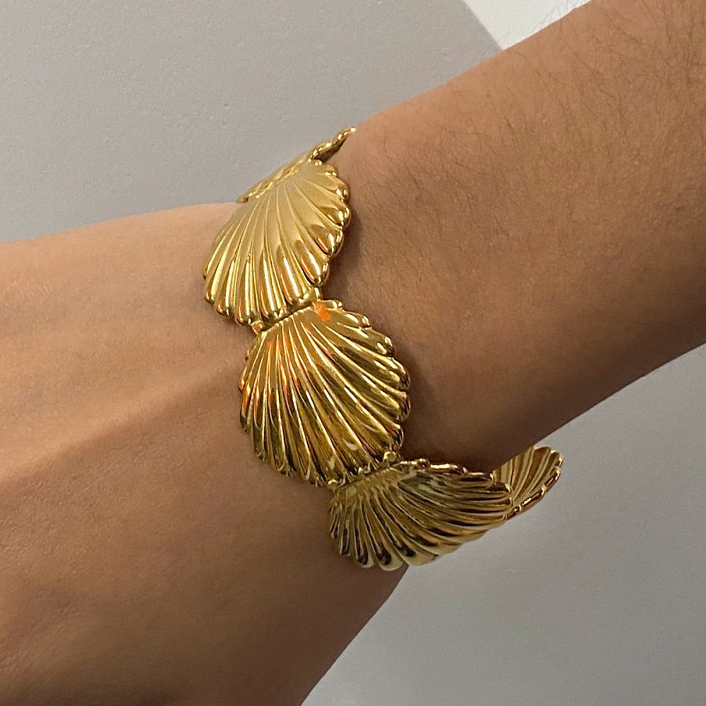 Bracelet Jonc Femme Vogue En Forme De Coquillage, En Acier Inoxydable, Couleur Or, Imperméable, Collection Vacances (1 Pièce) h5Image4