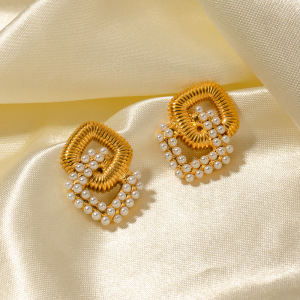 1 Paire De Boucles D'Oreilles Puces Élégantes Géométriques En Acier Inoxydable Plaqué Or Avec Perles Artificielles, Collection Classique. h5 Image2