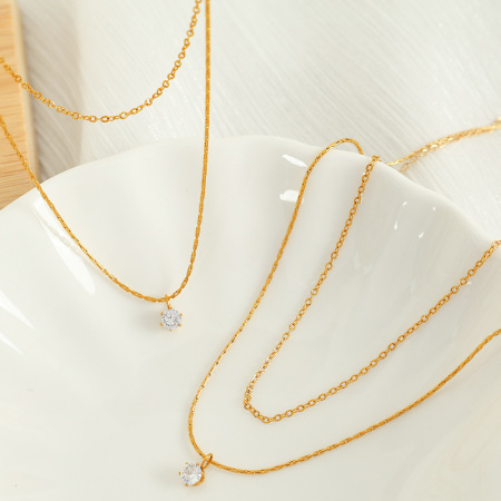 colliers superposés géométriques simples en acier inoxydable plaqué or et zircons pour femmes, série simple, 1 pièce 2