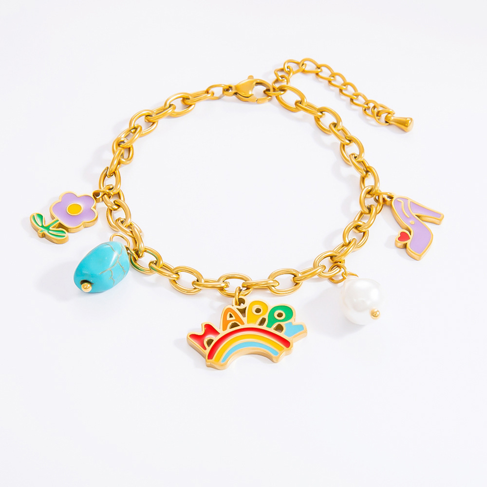 Bracelet À Breloques Pour Femme, Collection Romantique, Motif Floral Éclatant, Finition Huilée, Acier Inoxydable Chromé, Étanche, Couleur Or (1 Pièce). Image3