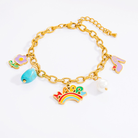 Bracelet à breloques pour femme, collection Romantique, motif floral éclatant, finition huilée, acier inoxydable chromé, étanche, couleur or (1 pièce). 2