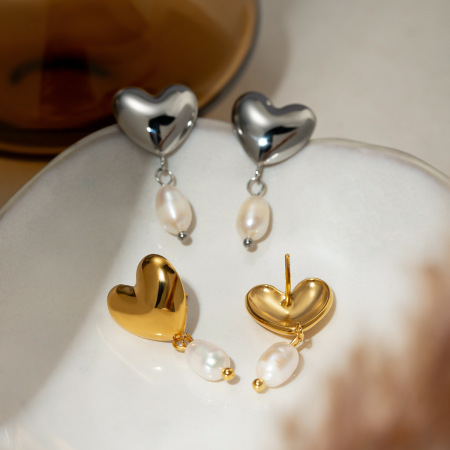 boucles d'oreilles en acier inoxydable doré  avec perles d'eau douce en forme de cœur, bijoux tendance et tendance,  2