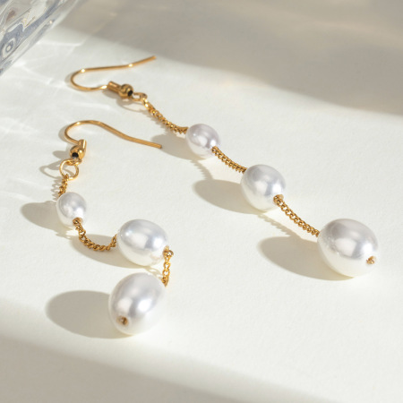 Boucles d'oreilles élégantes et simples à pompon, en acier inoxydable plaqué or, avec perles artificielles. 2