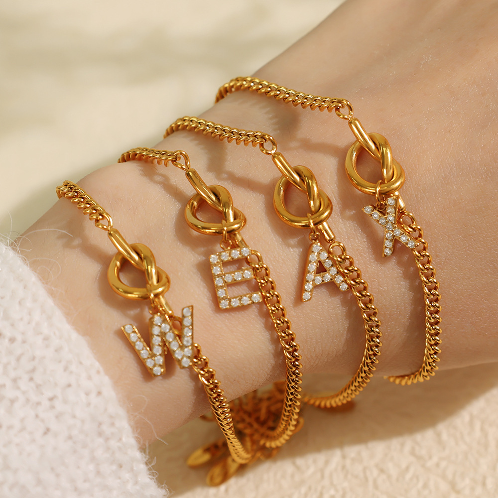 Bracelet À Breloques Pour Femme, Série Simple, Lettre Simple, En Acier Inoxydable Plaqué Or , Strass h5Image5