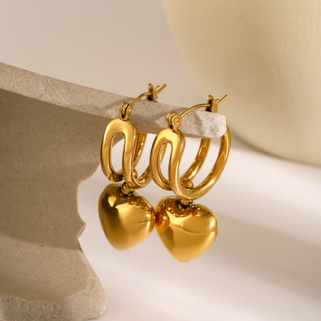 1 paire de boucles d'oreilles pendantes en acier inoxydable plaqué or  pour femme, série simple, motif cœur classique