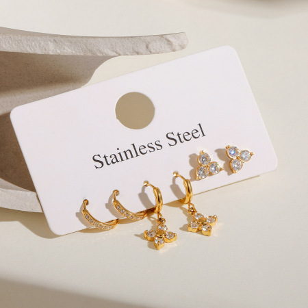 1 paire de boucles d'oreilles géométriques classiques en acier inoxydable plaqué or  et zircon pour femme 2