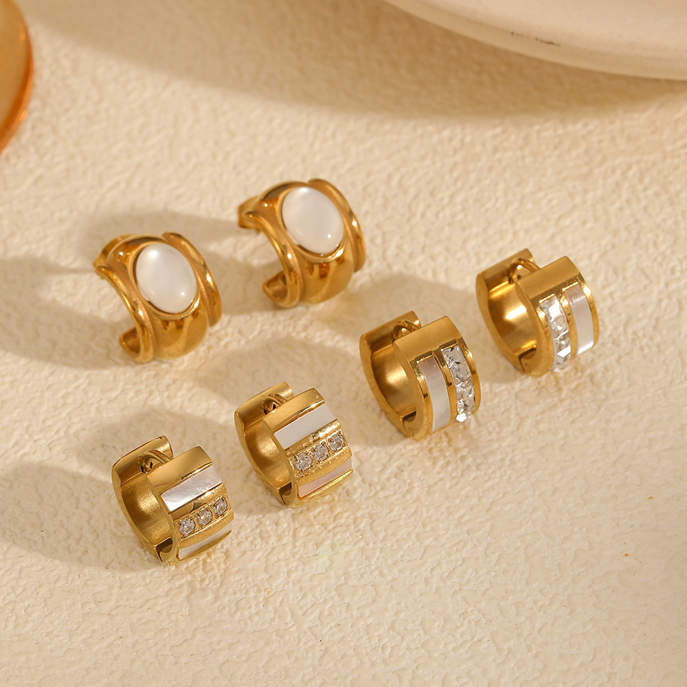 1 Paire De Boucles D'Oreilles Créoles Rondes En Acier Inoxydable Plaqué Or  Avec Strass Pour Femme, Série Simple, Style Luxueux Et Léger Image3
