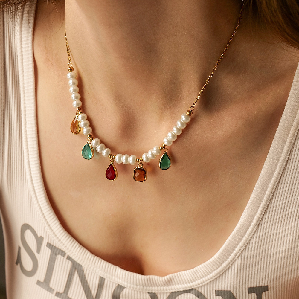 Collier De Perles Élégant En Acier Inoxydable Plaqué Or  Pour Femme, Série Simple, 1 Pièce Image4
