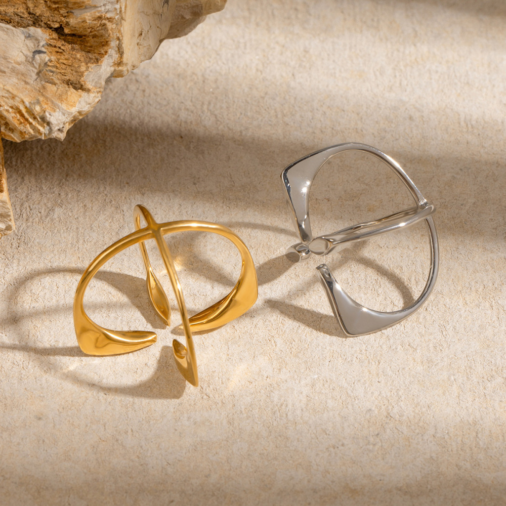 1 Paire De Bagues Ajustables Géométriques Simples En Acier Inoxydable Plaqué Or  Pour Femme Image2