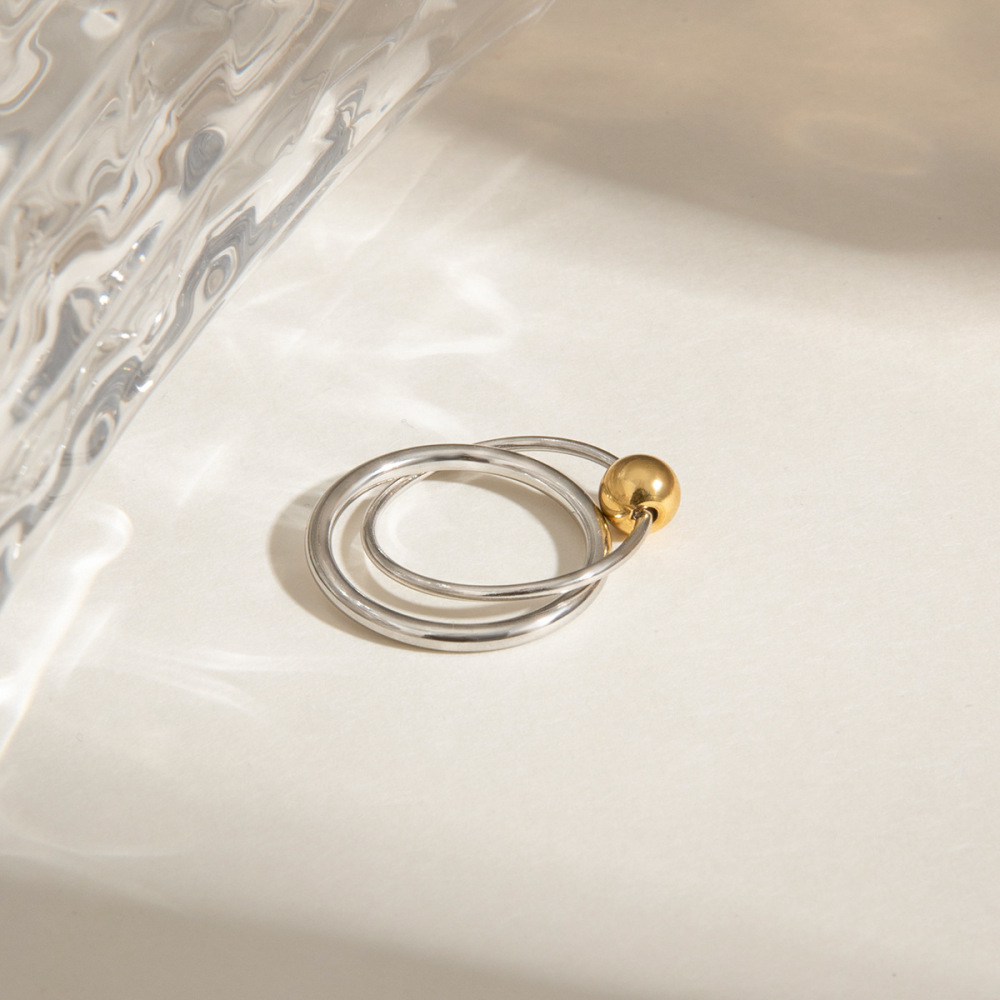 Bague Simple Pour Femme, Double Ronde, En Acier Inoxydable Étanche Couleur Or, Collection Moderne, 1 Pièce. h5Image3