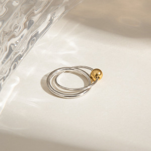 Bague Simple Pour Femme, Double Ronde, En Acier Inoxydable Étanche Couleur Or, Collection Moderne, 1 Pièce. h5 Image3