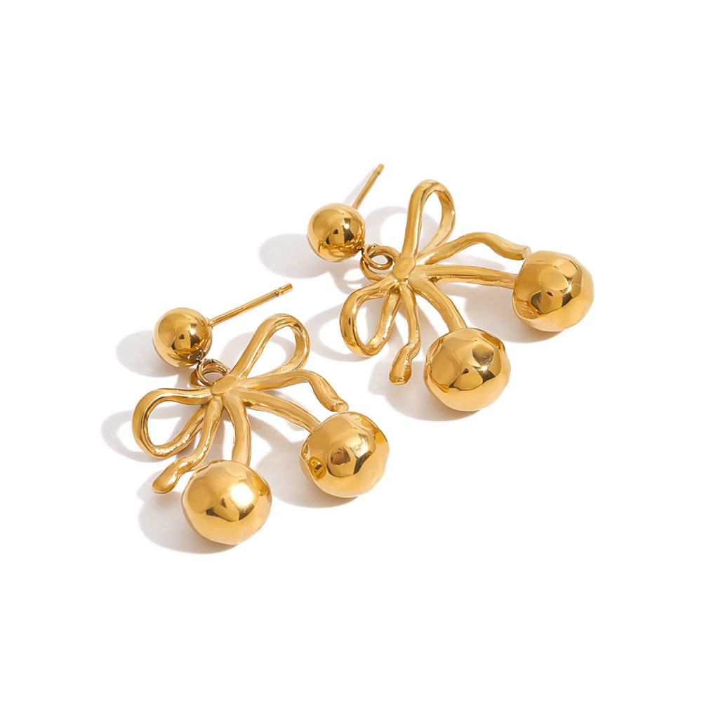Boucles D'Oreilles Pendantes Pour Femme, Collection Romantique, Motif Cerise, En Acier Inoxydable Étanche, Couleur Or. Image7