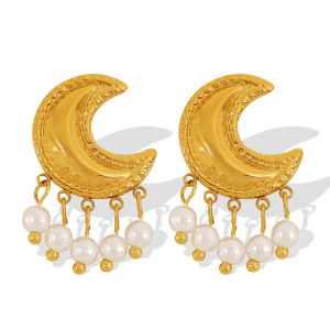 1 Paire De Boucles D'Oreilles À Tige Rétro Soleil/Lune En Acier Inoxydable Plaqué Or  Avec Perles Artificielles Pour Femme h5 Image6