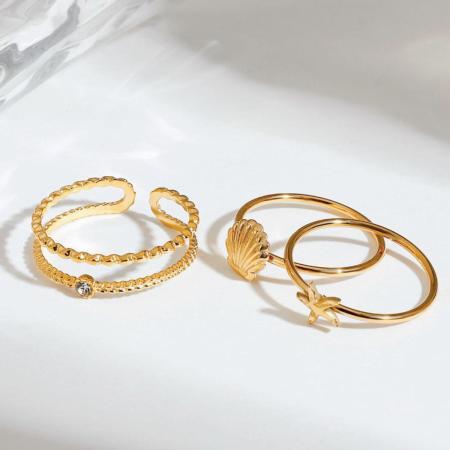 Ensemble de bagues pour femmes, collection romantique, en acier inoxydable, couleur or, orné d'un coquillage exquis.