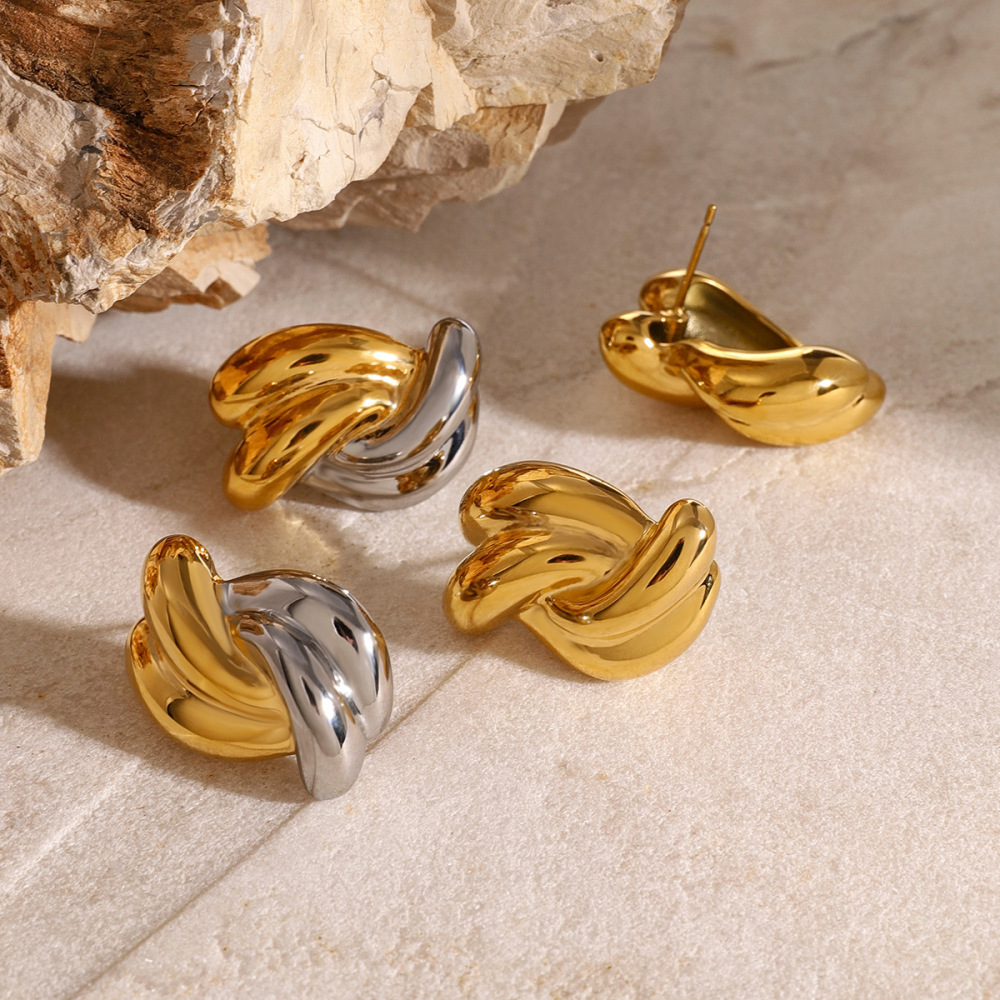 1 Paire De Boucles D'Oreilles À Tige Torsadées En Acier Inoxydable Plaqué Or  Pour Femme, Série Simple Image4