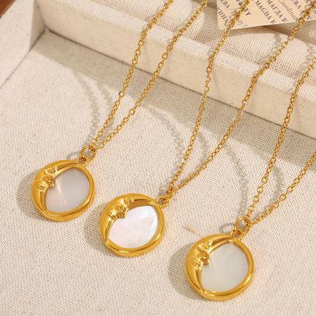 Collier Avec Pendentif Classique Soleil/Lune En Acier Titane Couleur Or Pour Femme, Série Romantique, 1 Pièce
