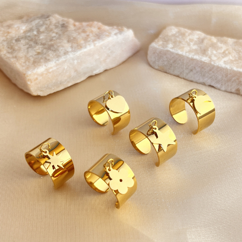 Bague Ajustable Pour Femme, Modèle Designable Series Chic Flower Dangle, En Acier Inoxydable Étanche Couleur Or. Image4