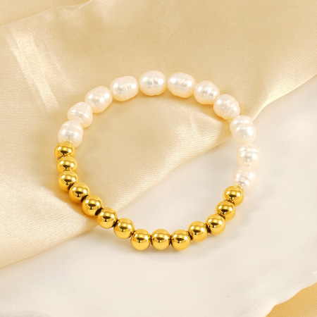 bracelet simple en acier titane plaqué or  avec perles pour femme, série simple 2