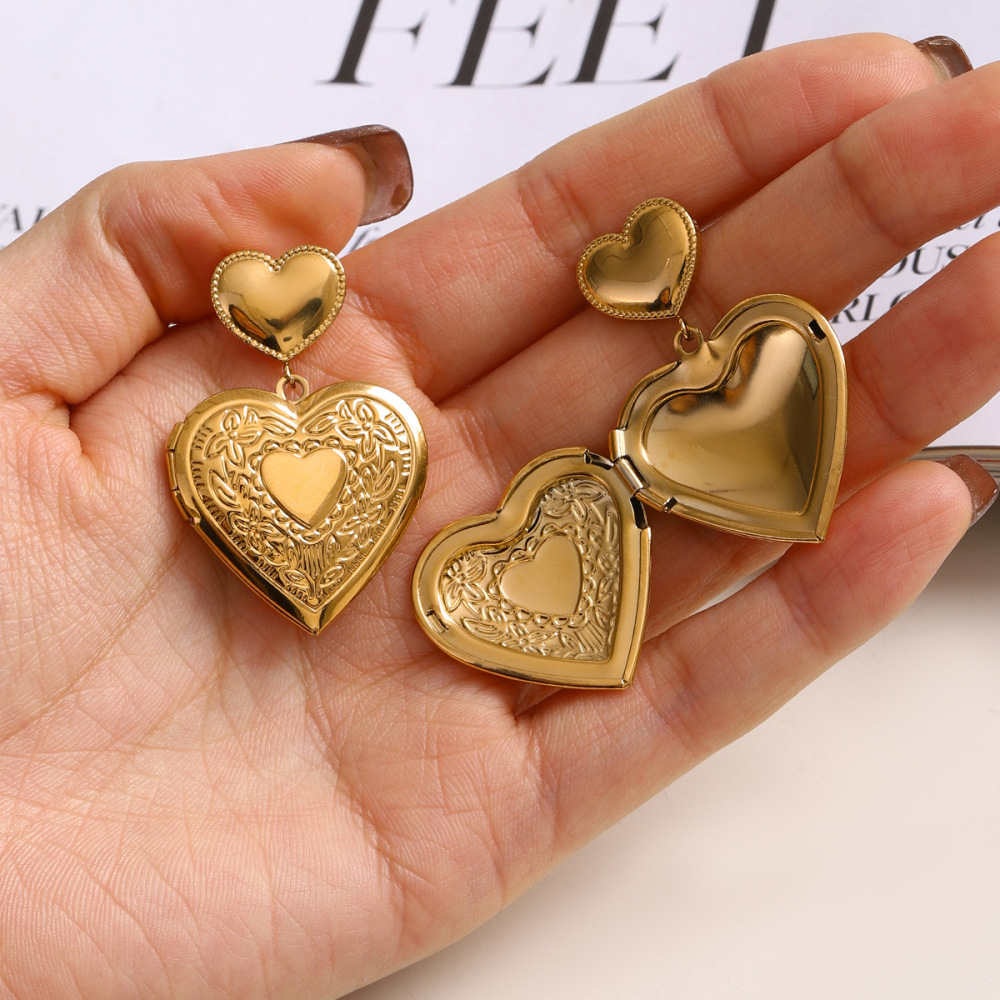 1 Paire De Boucles D'Oreilles Pendantes Élégantes En Forme De Cœur, En Acier Inoxydable Doré, Imperméables, De La Série Luxueuse. À Personnaliser Soi-Même. h5Image2