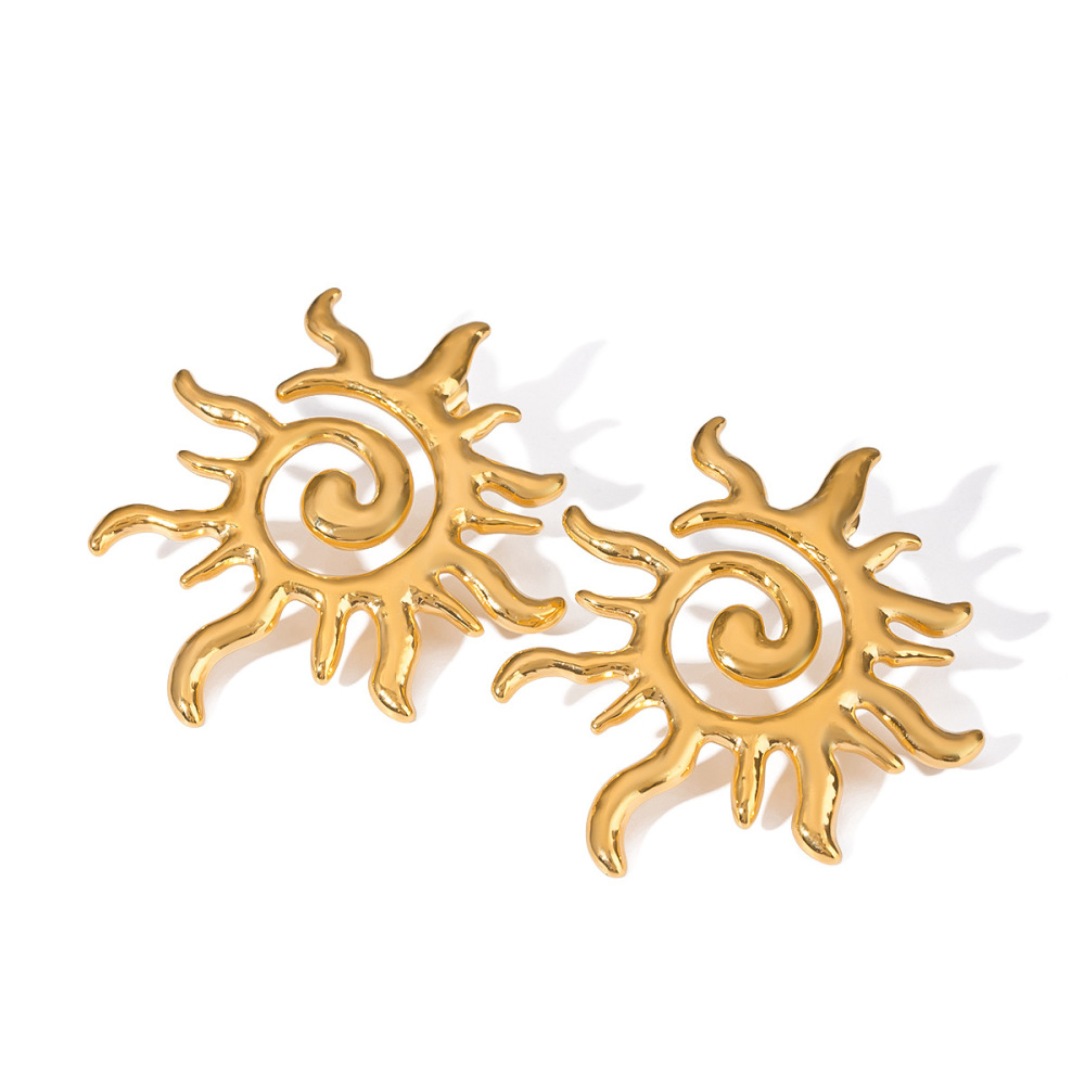 1 Paire De Boucles D'Oreilles Puces Classiques Sun En Acier Inoxydable Étanche Couleur Or Image5