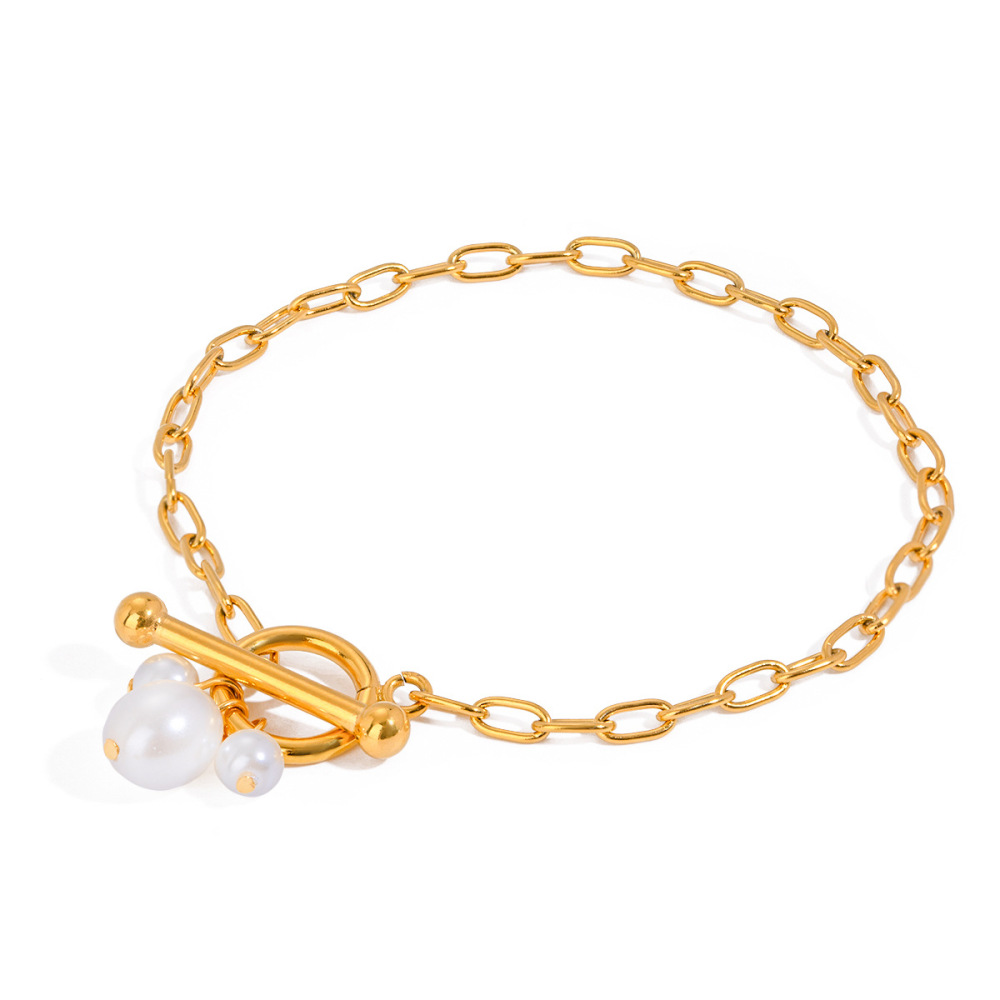 Bracelet À Breloques Géométrique En Acier Inoxydable Plaqué Or  Avec Perles Artificielles Pour Femme, Série Simple, 1 Pièce Image6