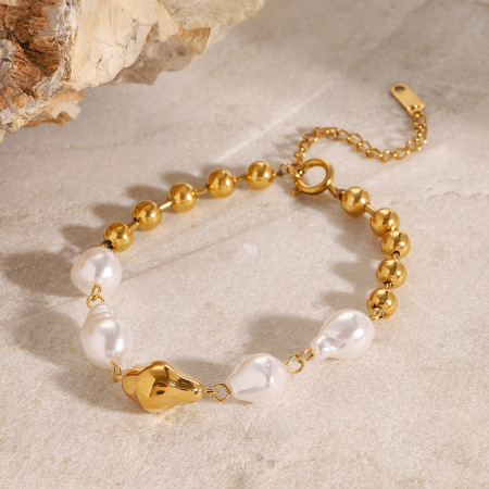 Bracelet Élégant En Acier Inoxydable Plaqué Or  Avec Perles Artificielles Pour Femme, Série Classique, 1 Pièce 2