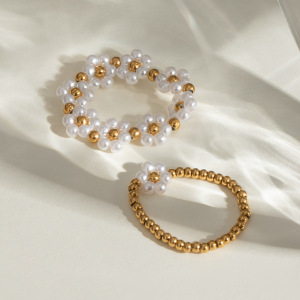 1 Paire De Bagues Ajustables Pour Femme, Série Classique, Élégantes, En Acier Inoxydable Plaqué Or , Avec Perles Artificielles h5 Image2