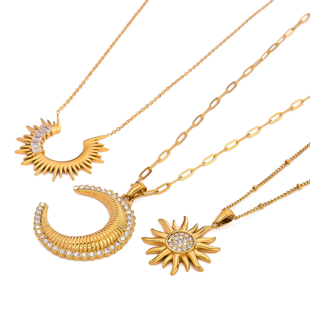 Collier Avec Pendentif En Acier Inoxydable Plaqué Or Et Strass Pour Femme, Série Simple, Style Punk Soleil/Lune h5Image5