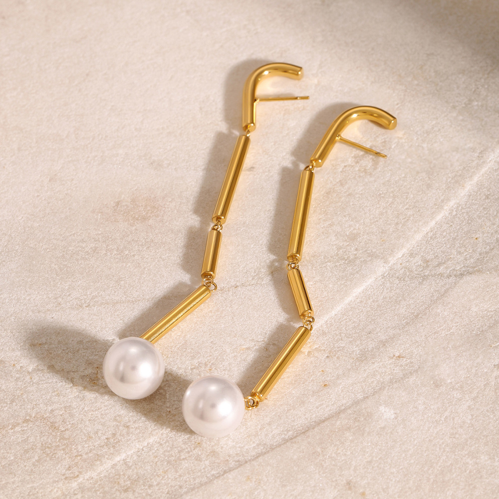 1 Paire De Boucles D'Oreilles Pendantes Pour Femme, En Acier Inoxydable Plaqué Or, Avec Perles Artificielles, Collection Classique. Image3