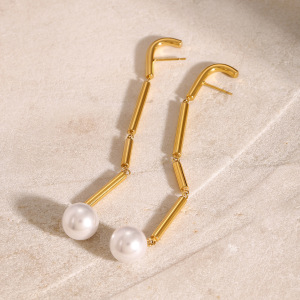 1 Paire De Boucles D'Oreilles Pendantes Pour Femme, En Acier Inoxydable Plaqué Or, Avec Perles Artificielles, Collection Classique. h5 Image3