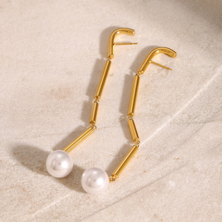 1 paire de boucles d'oreilles pendantes pour femme, en acier inoxydable plaqué or, avec perles artificielles, collection classique. 2