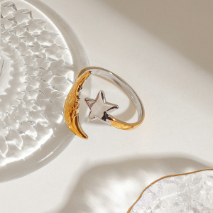 Bague Ajustable Pour Femme, En Acier Inoxydable Bicolore Or Et Argent, Étanche, Motif Étoile Et Lune. h5 Image4