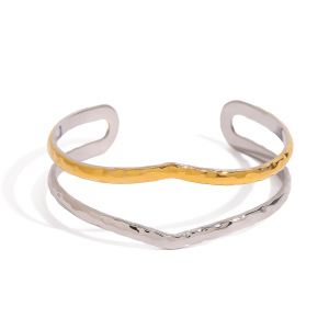 Bracelet Jonc Moderne Asymétrique En Acier Inoxydable, Étanche, Couleur Or Et Argent, Pour Femme (1 Pièce) h5 Image9