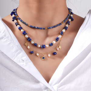 Collier De Perles Pour Femme, Collection Bohème Sophistiquée, En Acier Inoxydable, Couleur Or, Imperméable, Orné De Pierres Naturelles Bleues. h5 Image7