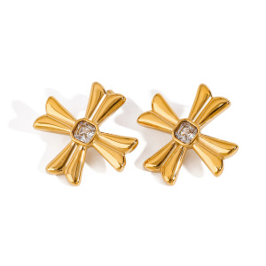 1 Paire De Boucles D'Oreilles Puces Pour Femme, En Acier Inoxydable Doré, Forme Croix, Collection Classique. h5 Image10