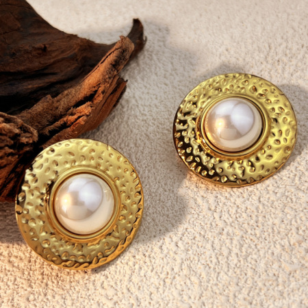 1 paire de boucles d'oreilles puces rétro rondes en acier inoxydable étanche couleur or pour femme