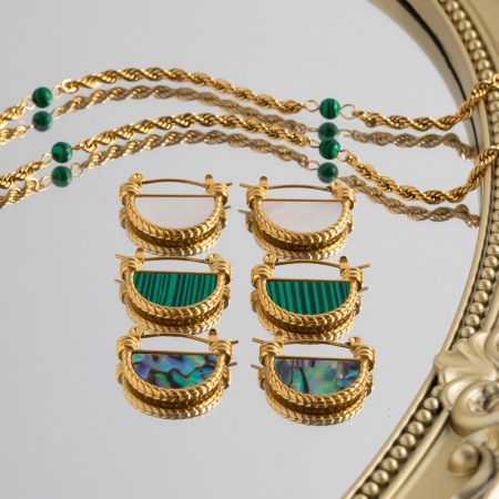 1 paire de boucles d'oreilles créoles géométriques quotidiennes en acier inoxydable plaqué or  et pierres naturelles pour femmes, série classique 2