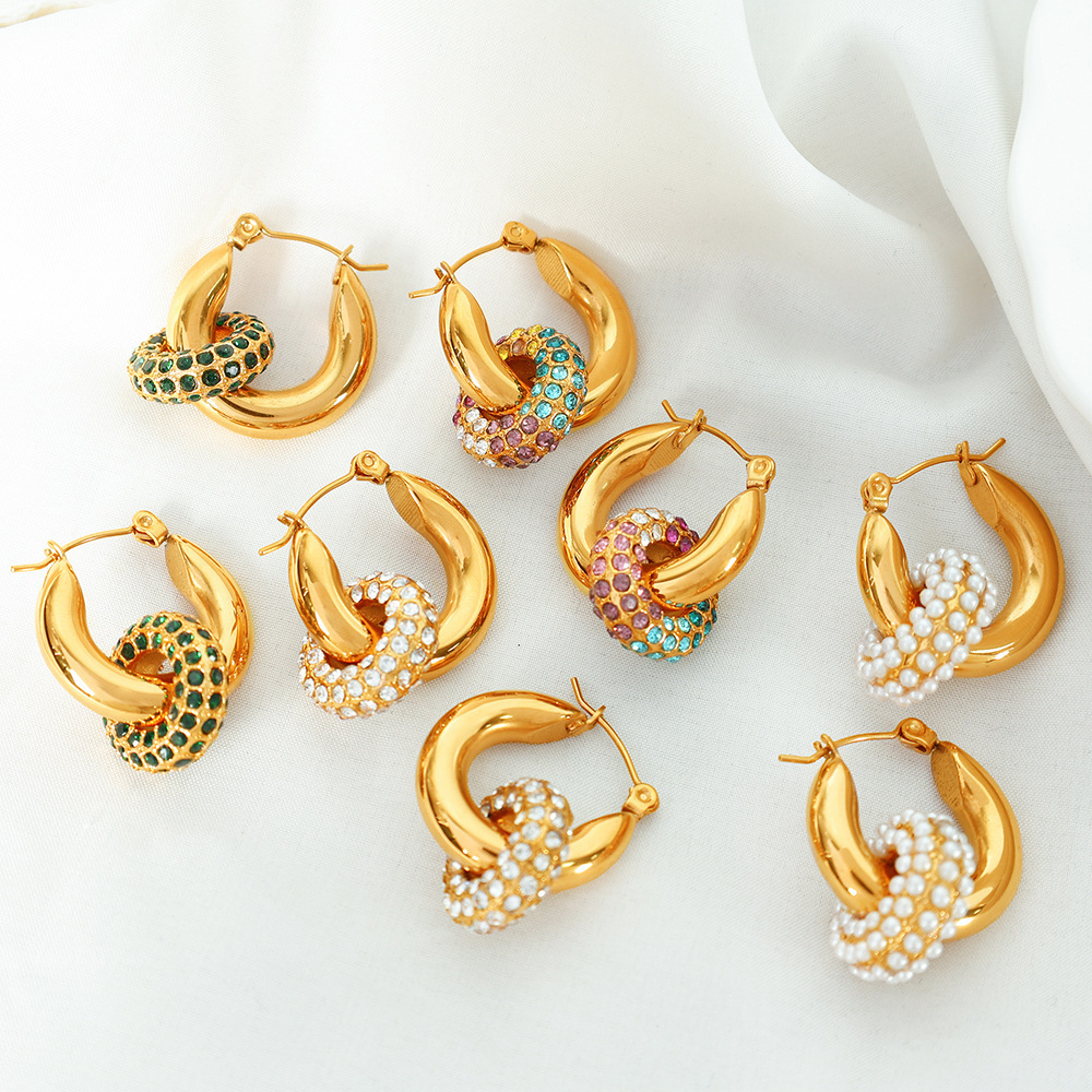 1 Paire De Boucles D'Oreilles Créoles Rétro Géométriques En Acier Inoxydable Plaqué Or  Avec Zircons Pour Femmes Image3
