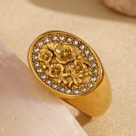 Bague chevalière pour femme, en acier inoxydable doré, ornée d'une fleur naturelle (1 pièce), collection de luxe. 2