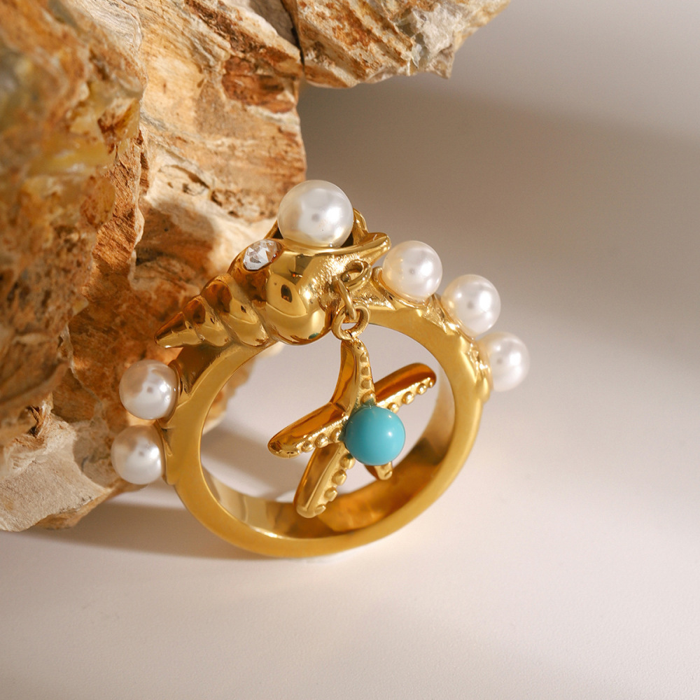 1 Paire De Bagues Simples Pour Femme, Série Ethnique, Motif Tortue Rétro, En Acier Inoxydable Plaqué Or , Avec Perles Artificielles h5Image4
